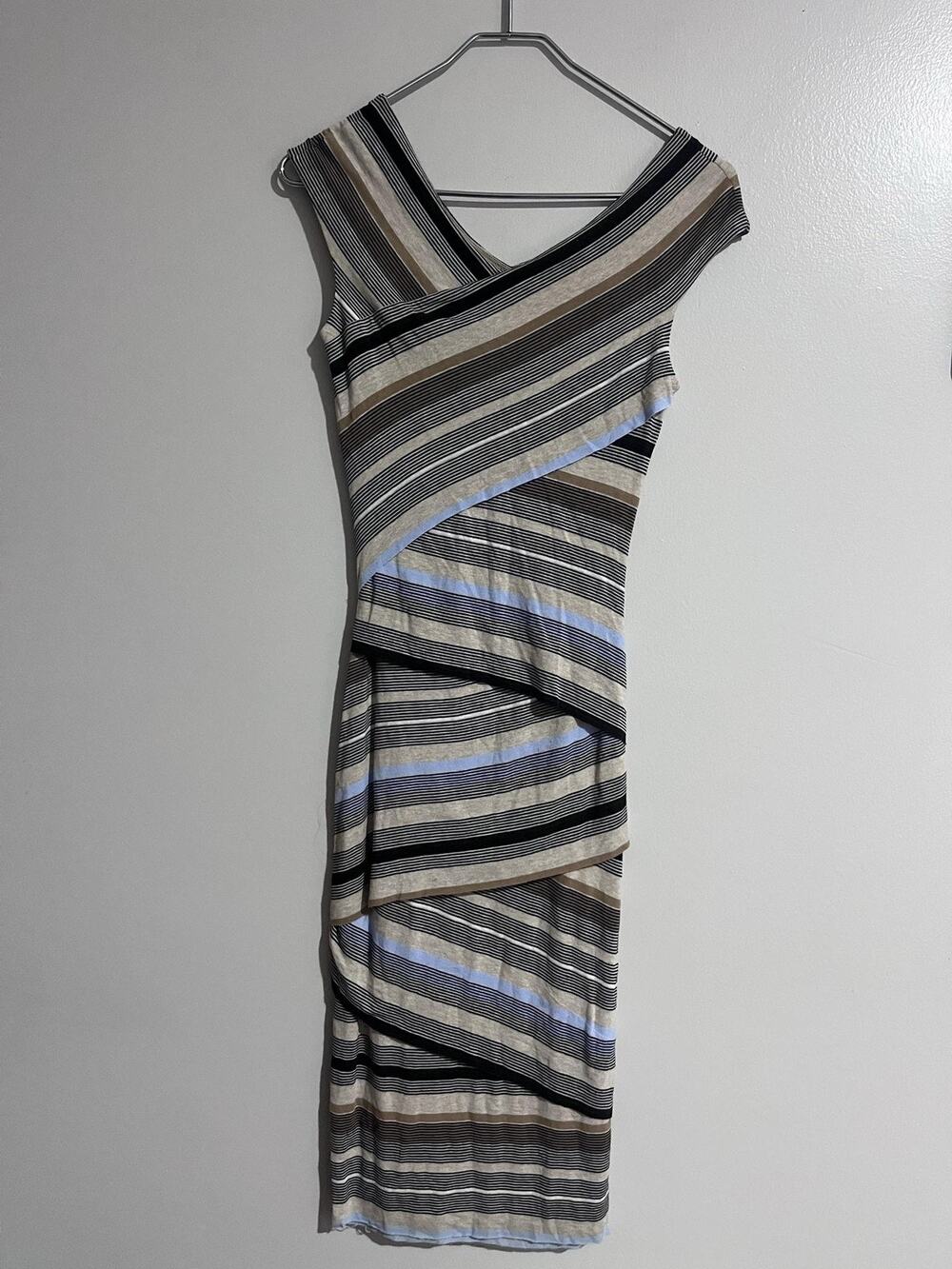 Bailey 44 Dress Womens XS Beige Striped Wrap Asymmetric Sleeveless Jersey
